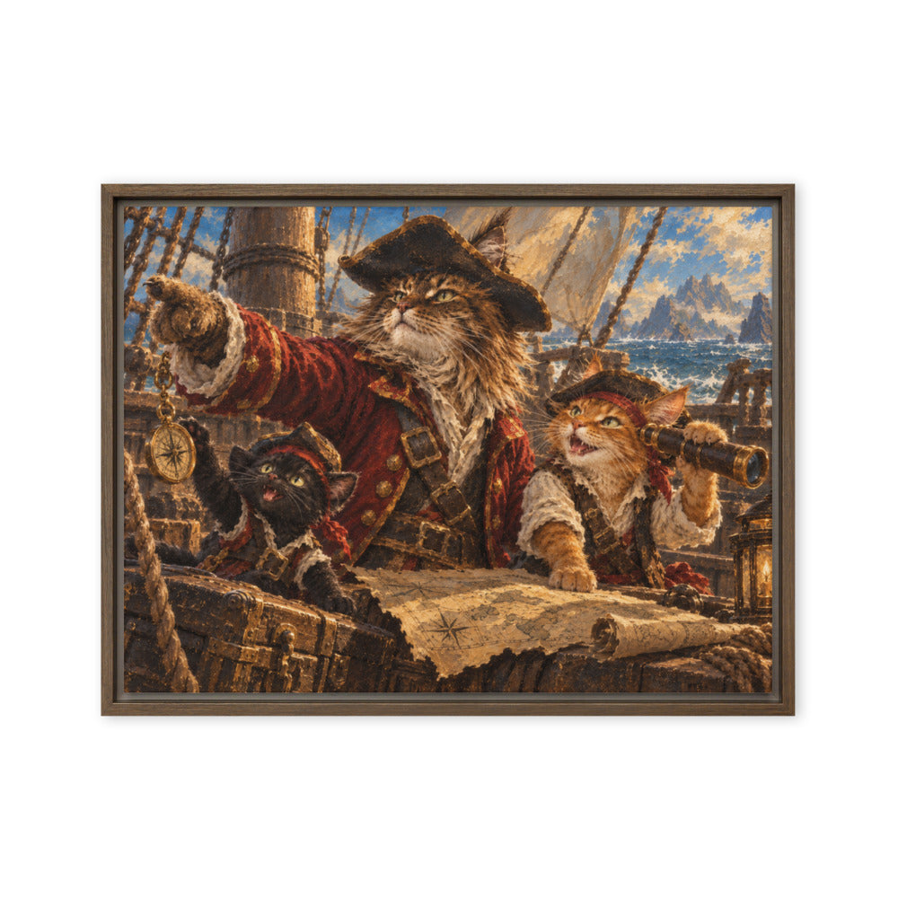 Pirate portrait of 3 cats, canvas print in a brown floating frame