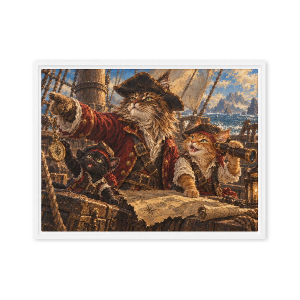 Pirate portrait of 3 cats, canvas print in a white floating frame