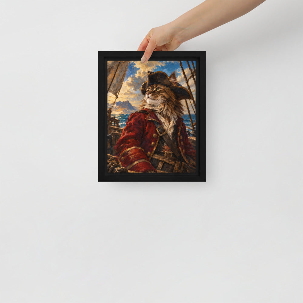 Pirate cat portrait canvas print, 8 x 10 in, in a black floating frame
