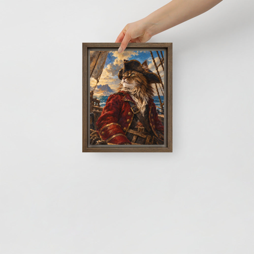 Pirate cat portrait canvas print, 8 x 10 in, in a brown floating frame