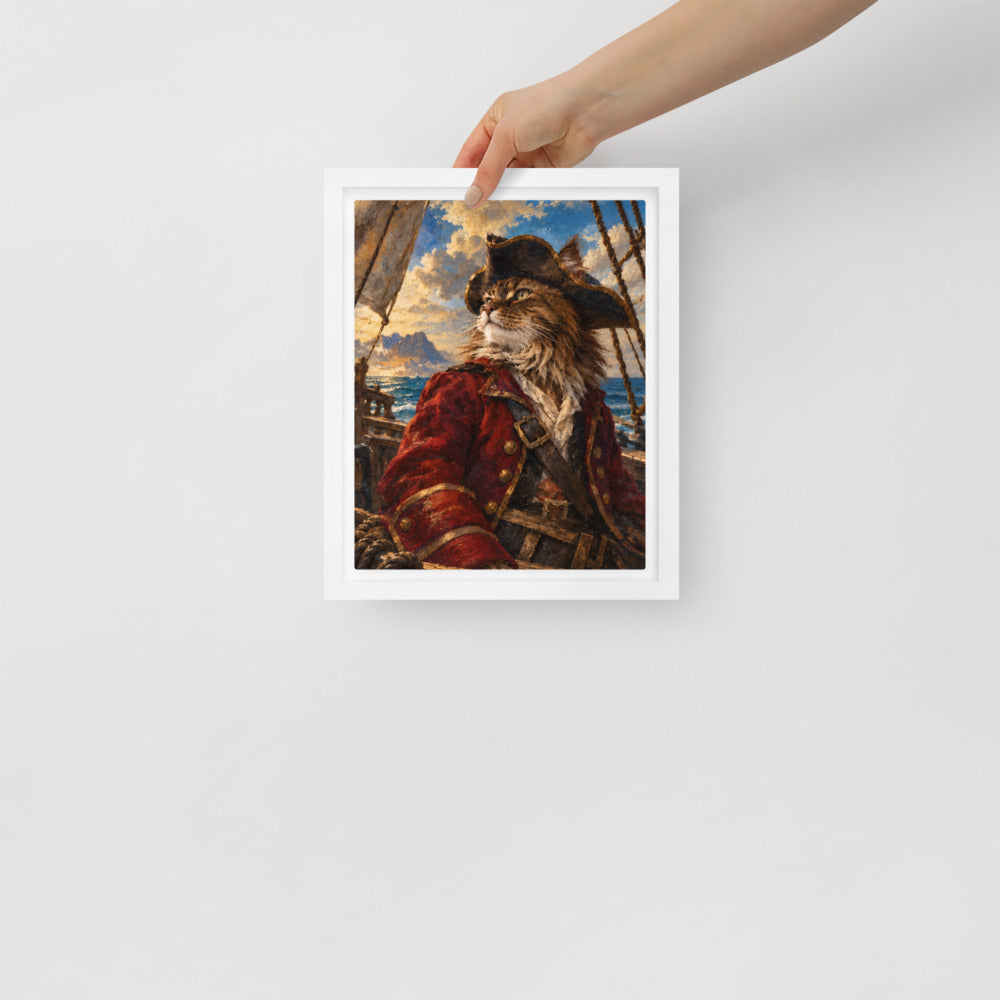 Pirate cat portrait canvas print, 8 x 10 in, in a white floating frame