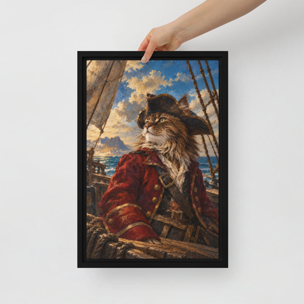 Pirate cat portrait canvas print, 12 x 18 in, in a black floating frame