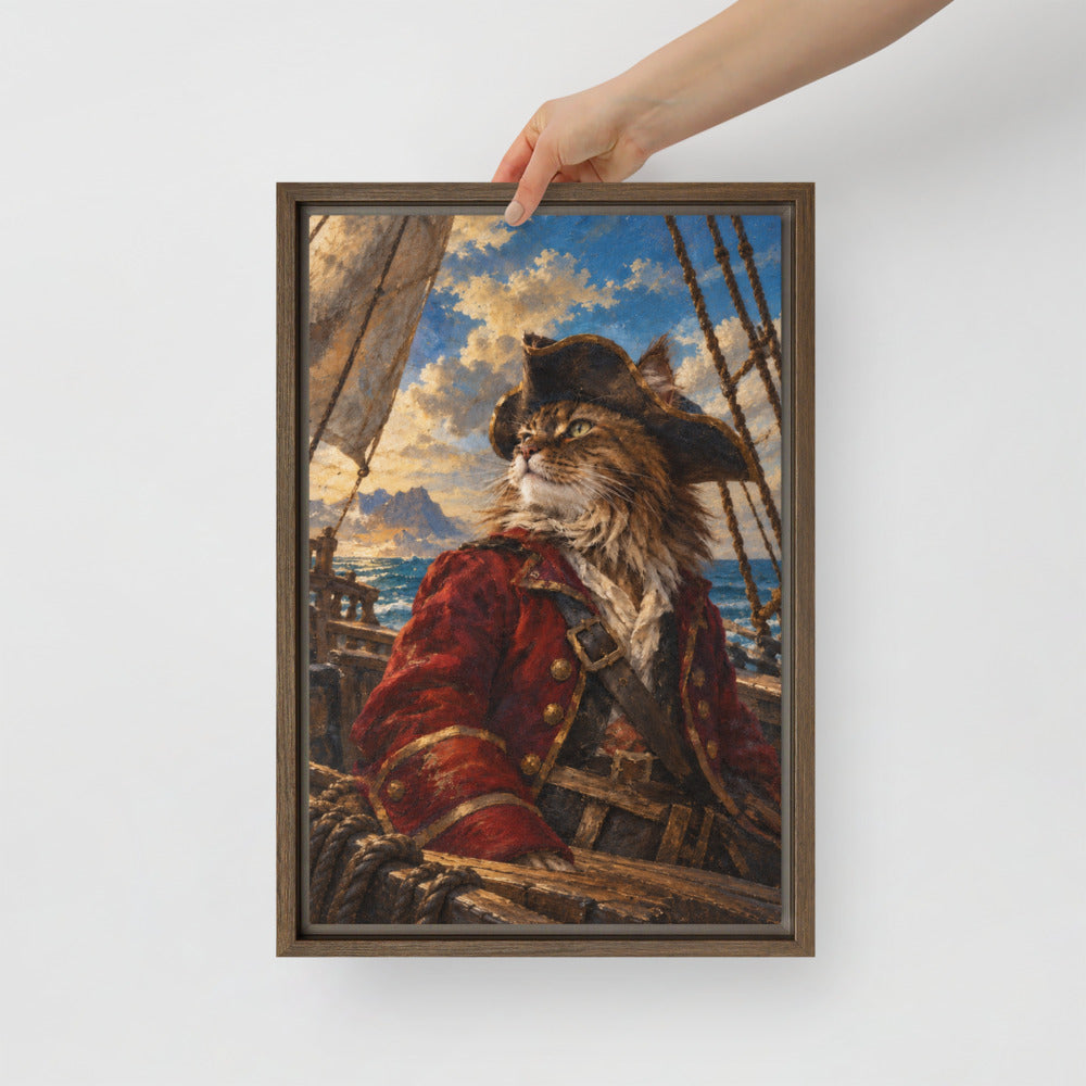 Pirate cat portrait canvas print, 12 x 18 in, in a brown floating frame