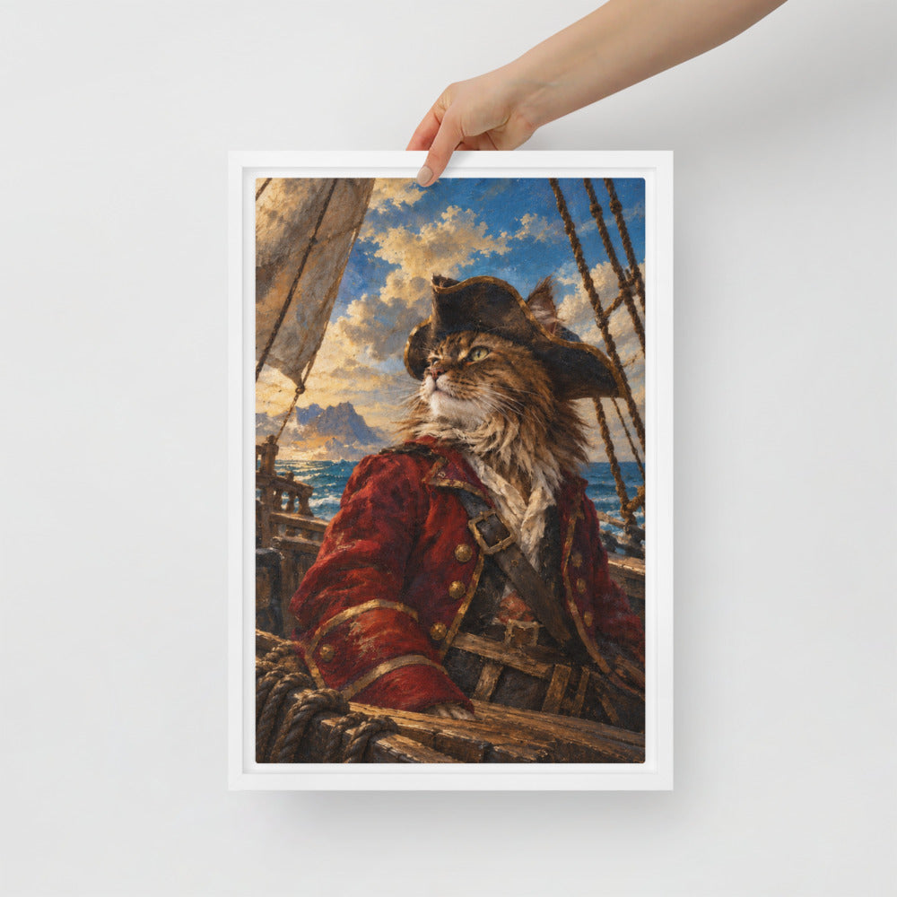 Pirate cat portrait canvas print, 12 x 18 in, in a white floating frame