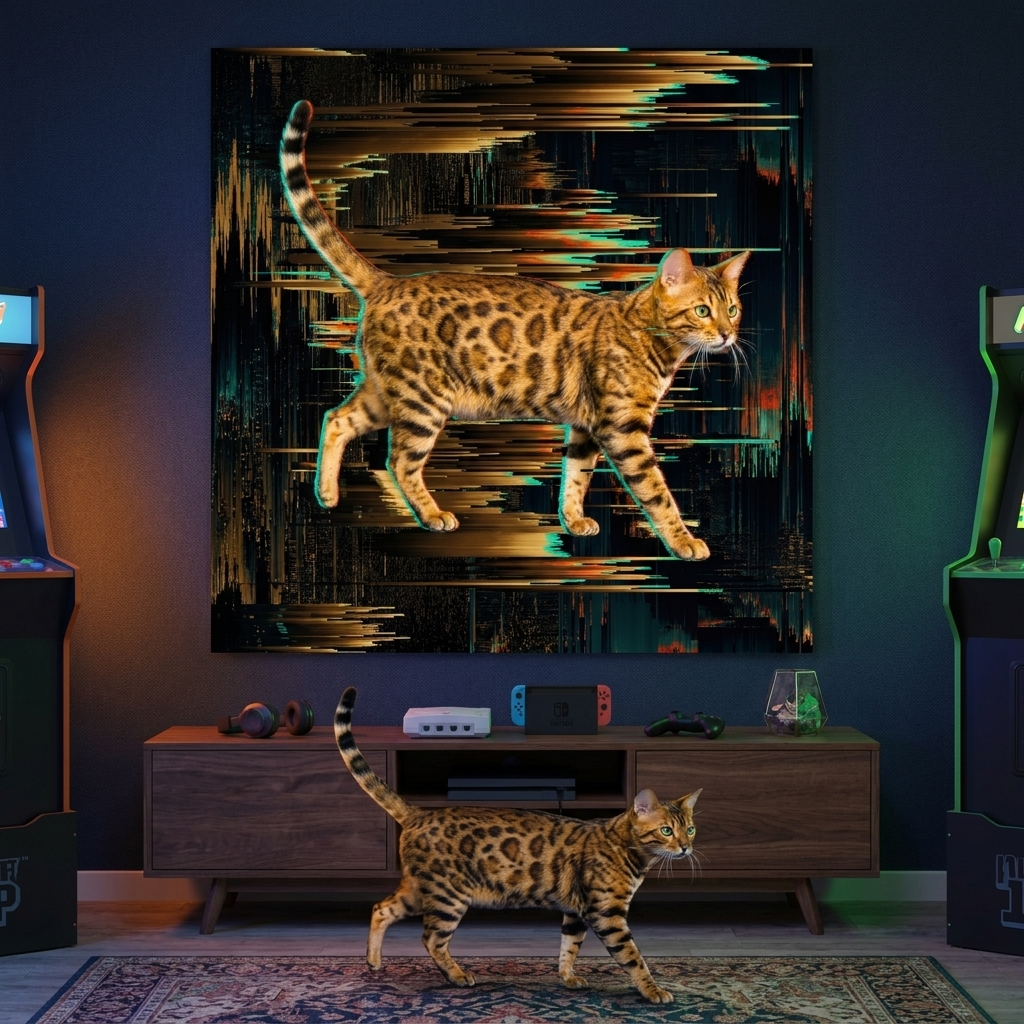 Pixel Sort Canvas room mockup; custom cat portrait canvas from photo in the Pixel Sort style; spotted tabby-like cat; proof before print.
