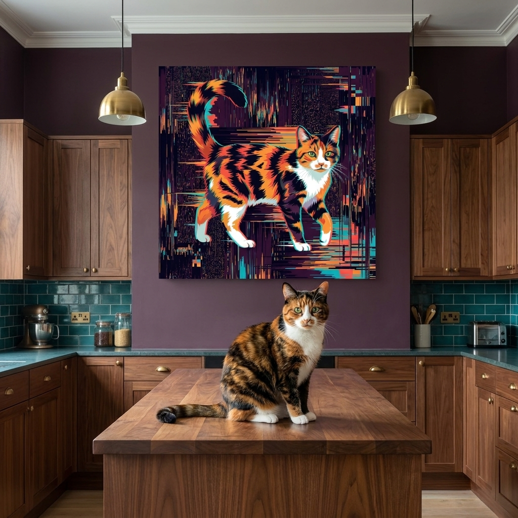 Pixel Sort Canvas room mockup; custom cat portrait canvas from photo in the Pixel Sort style; kitchen-themed; calico cat; proof before print.