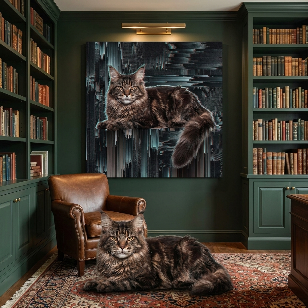 Pixel Sort Canvas room mockup; custom cat portrait canvas from photo in the Pixel Sort style; longhair cat; proof before print.