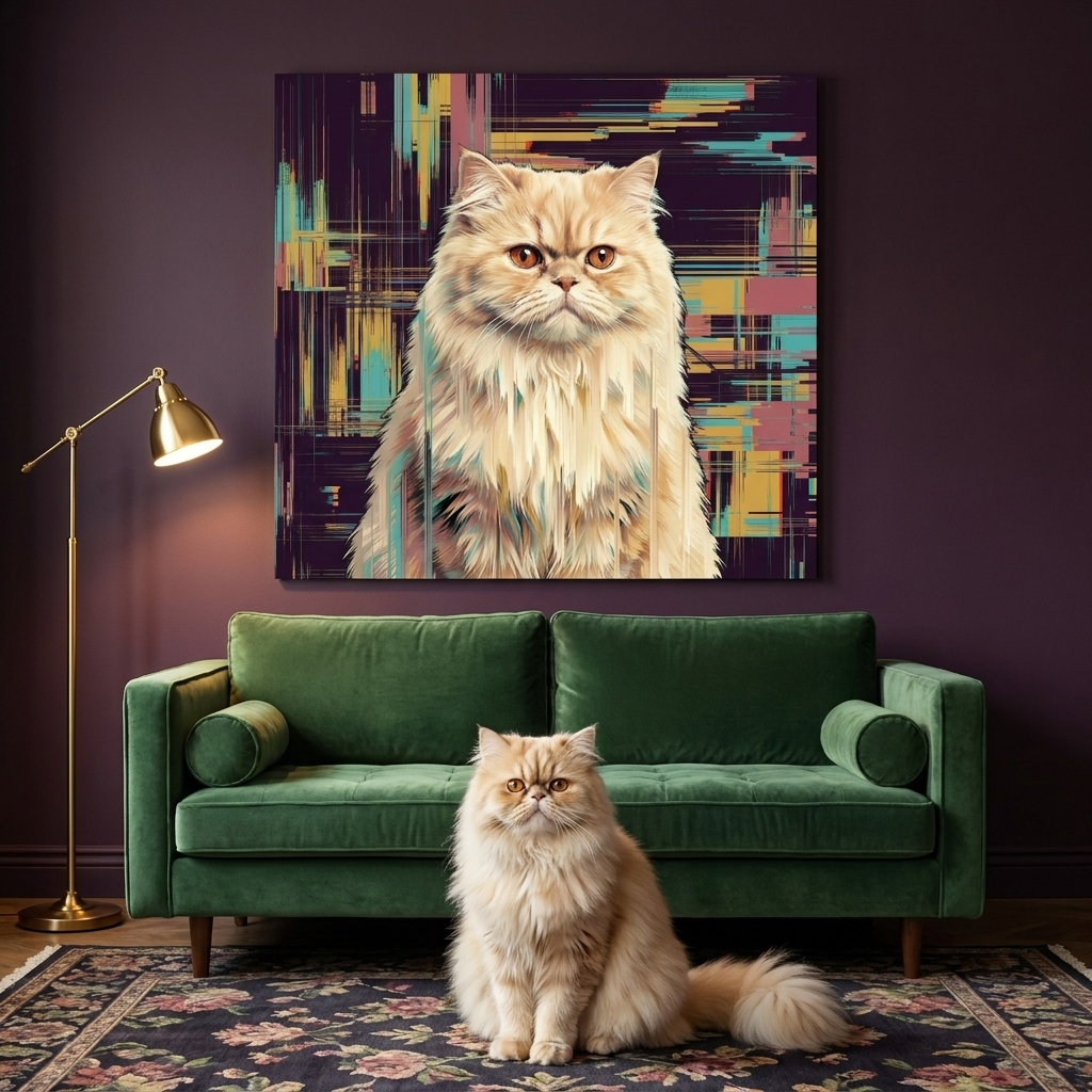 Pixel Sort Canvas room mockup; custom cat portrait canvas from photo in the Pixel Sort style; longhair cat; proof before print.