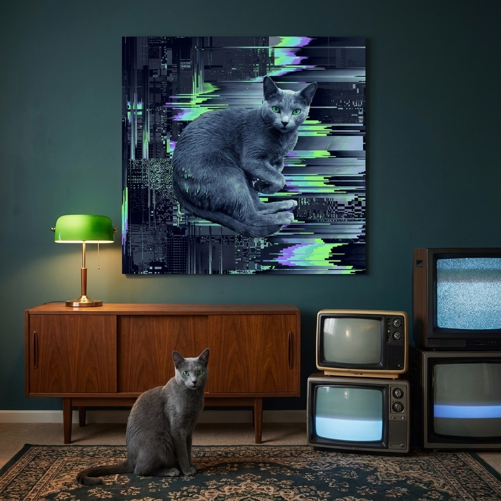 Pixel Sort Canvas room mockup; custom cat portrait canvas from photo in the Pixel Sort style; gray cat; proof before print.