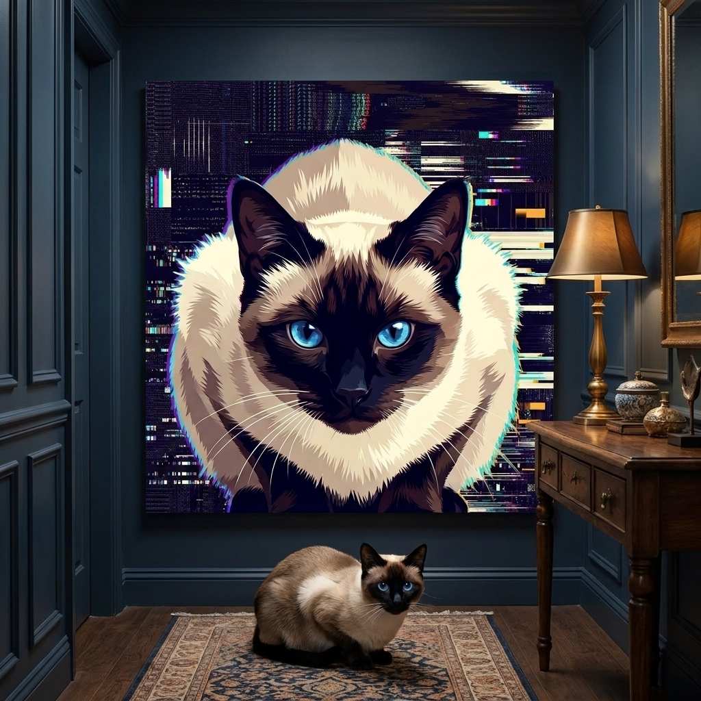 Pixel Sort Canvas room mockup; custom cat portrait canvas from photo in the Pixel Sort style; pointed cat; proof before print.