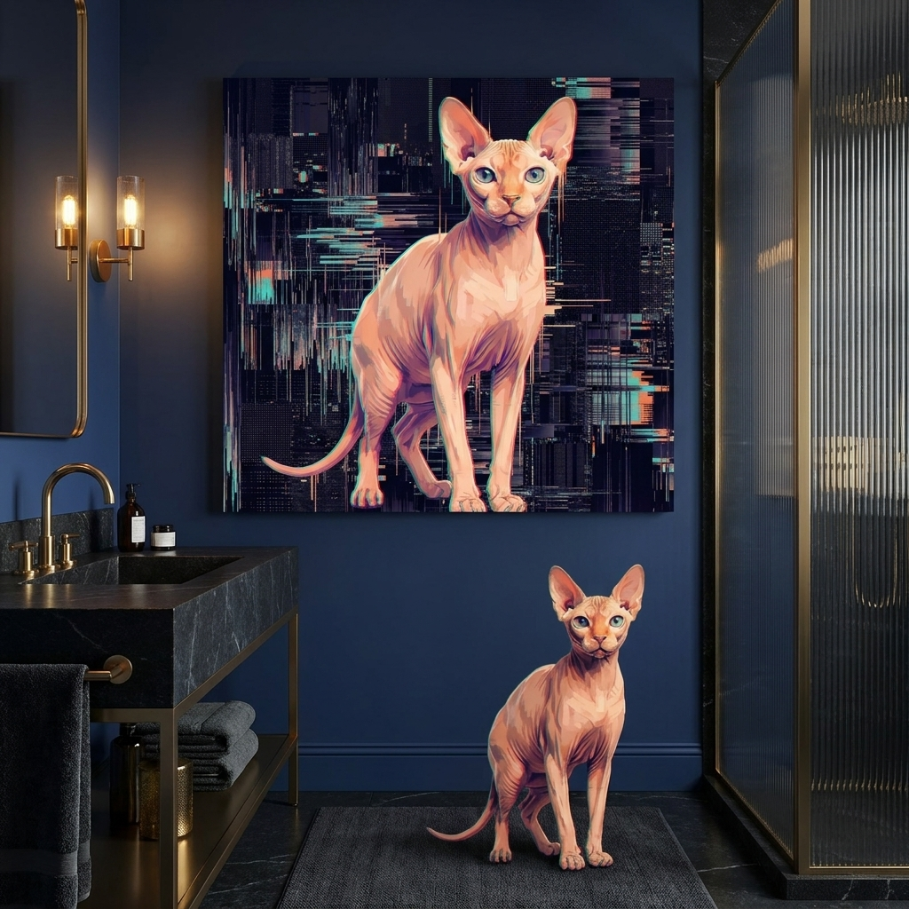 Pixel Sort Canvas room mockup; custom cat portrait canvas from photo in the Pixel Sort style; hairless cat; proof before print.