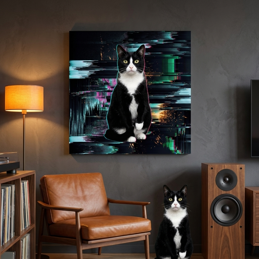 Pixel Sort Canvas room mockup; custom cat portrait canvas from photo in the Pixel Sort style; tuxedo cat; proof before print.