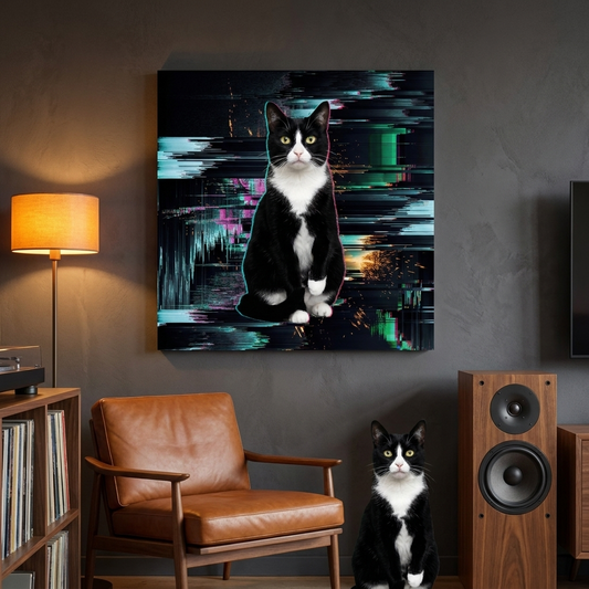 Pixel Sort Canvas room mockup; custom cat portrait canvas from photo in the Pixel Sort style; tuxedo cat; proof before print.