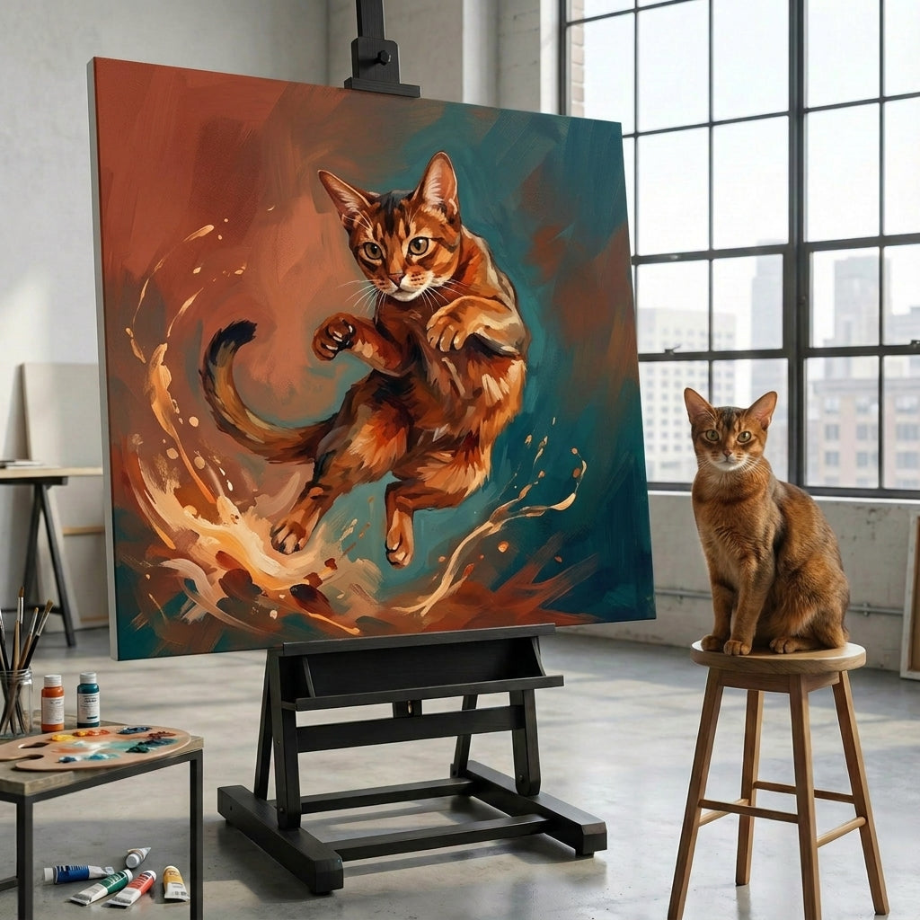 Painterly Leap Canvas room mockup; custom cat portrait canvas from photo in the Painterly Leap style; broadcast-themed; warm-toned cat; proof before print.