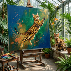 Painterly Leap Canvas room mockup; custom cat portrait canvas from photo in the Painterly Leap style; spotted tabby-like cat; proof before print.