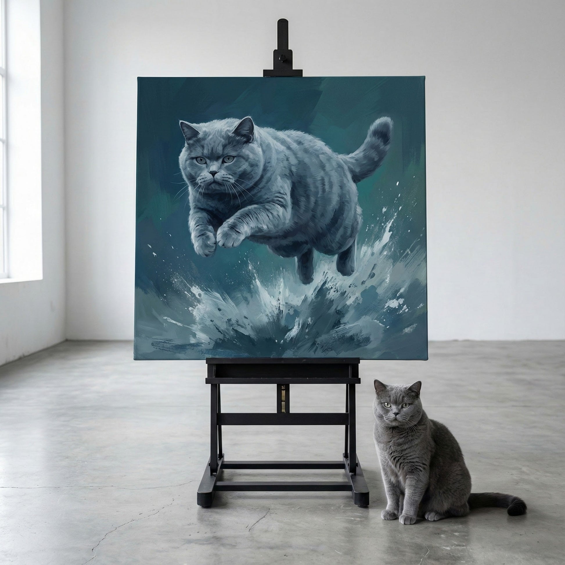 Painterly Leap Canvas room mockup; custom cat portrait canvas from photo in the Painterly Leap style; broadcast-themed; gray cat; proof before print.