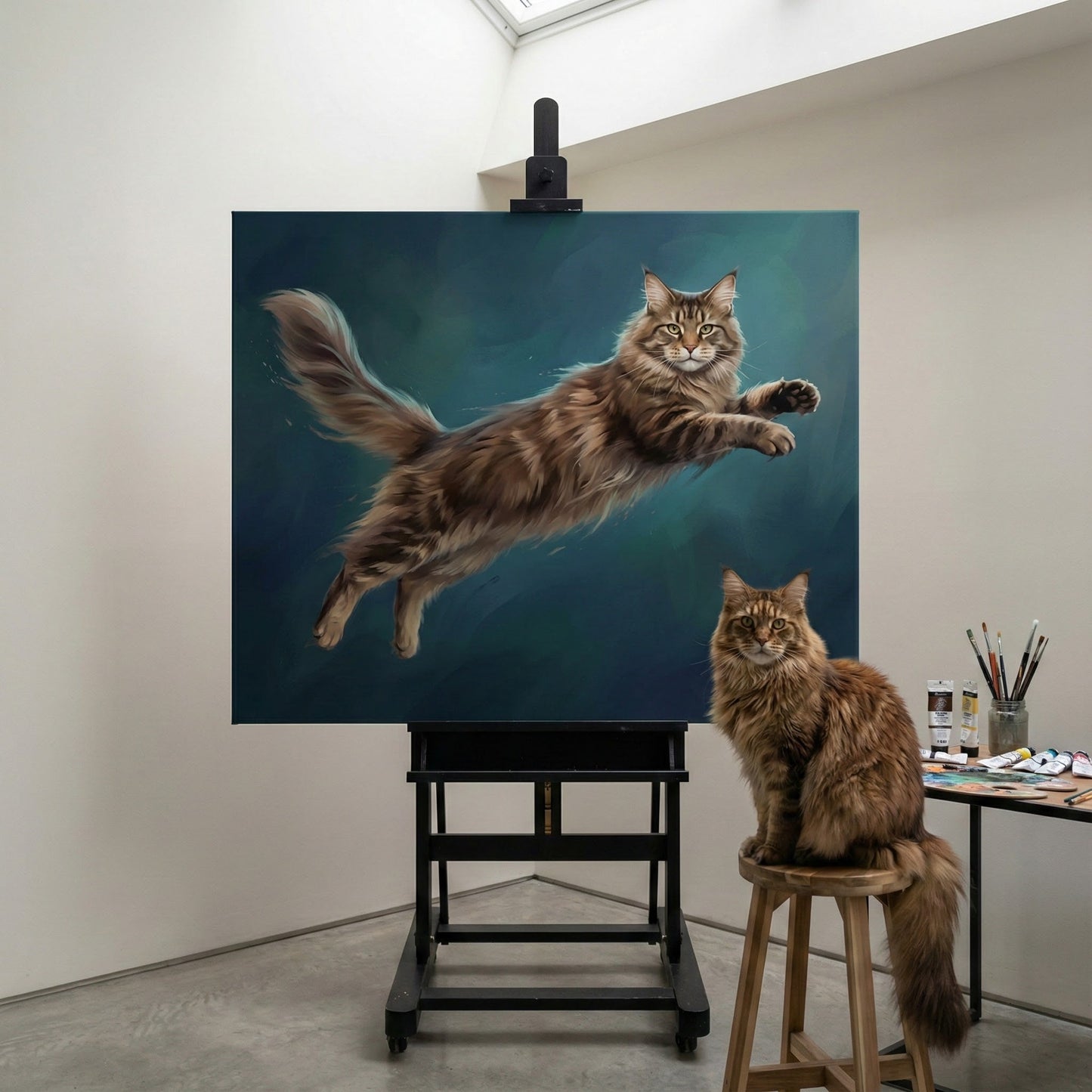 Painterly Leap Canvas room mockup; custom cat portrait canvas from photo in the Painterly Leap style; longhair cat; proof before print.