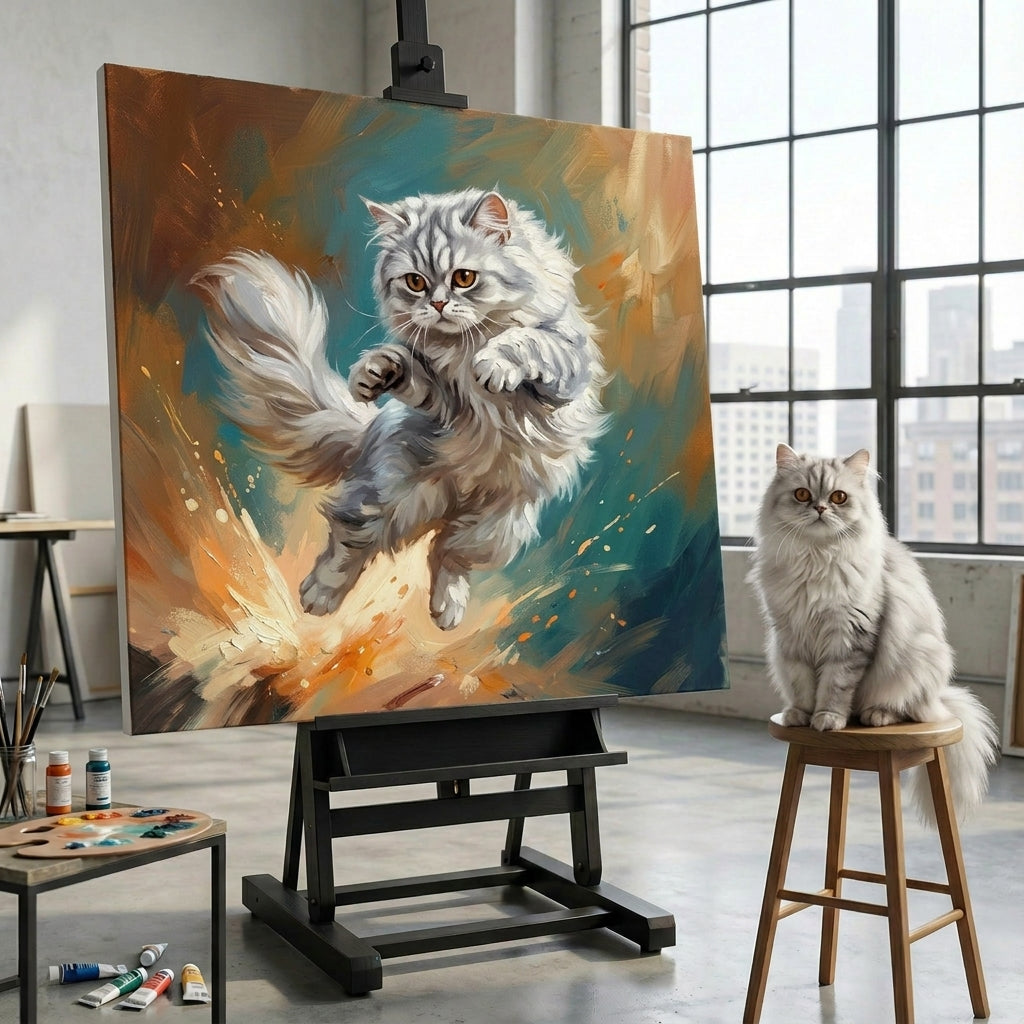 Painterly Leap Canvas room mockup; custom cat portrait canvas from photo in the Painterly Leap style; broadcast-themed; longhair cat; proof before print.