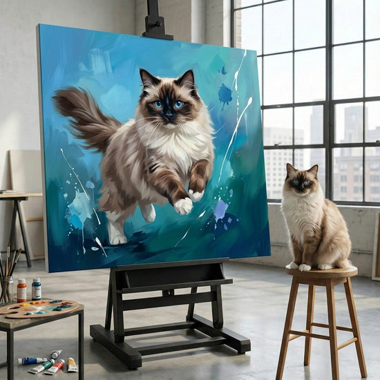 Painterly Leap Canvas room mockup; custom cat portrait canvas from photo in the Painterly Leap style; broadcast-themed; longhair cat; proof before print.