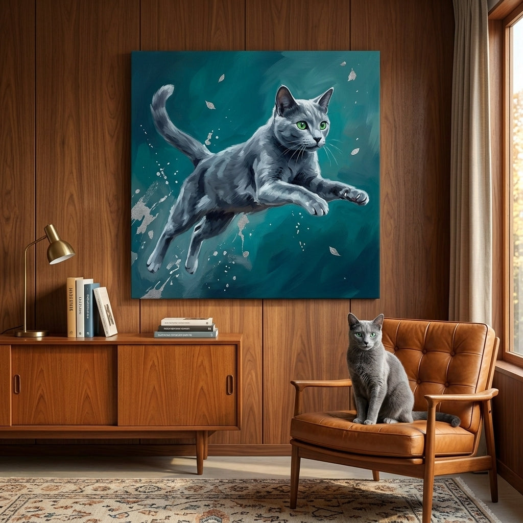 Painterly Leap Canvas room mockup; custom cat portrait canvas from photo in the Painterly Leap style; gray cat; proof before print.