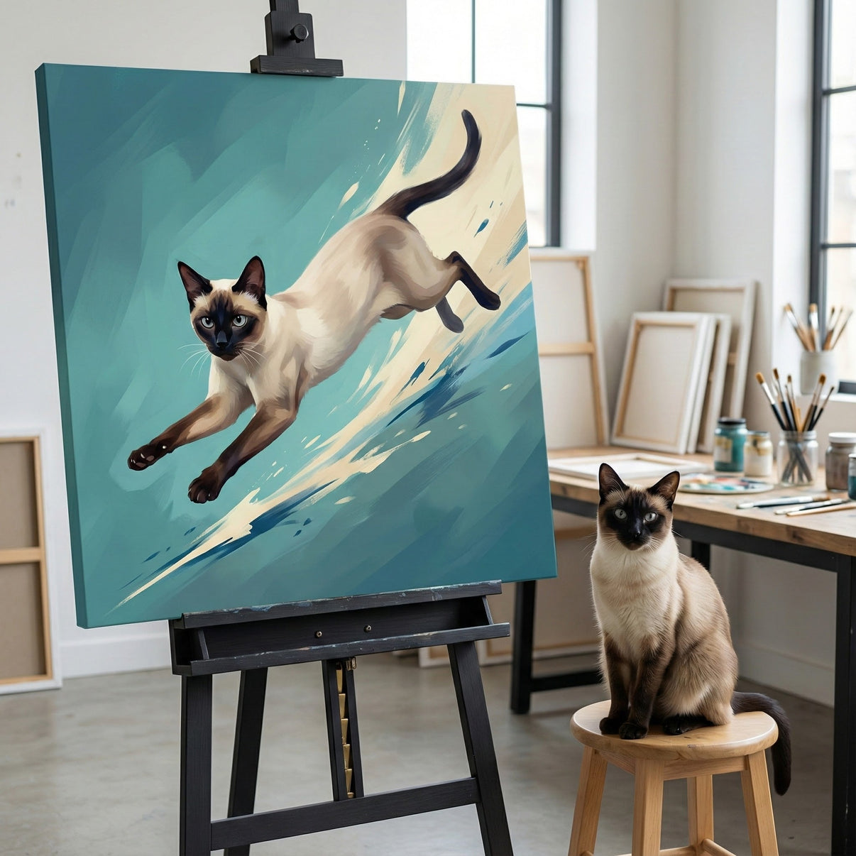 Painterly Leap Canvas room mockup; custom cat portrait canvas from photo in the Painterly Leap style; pointed cat; proof before print.