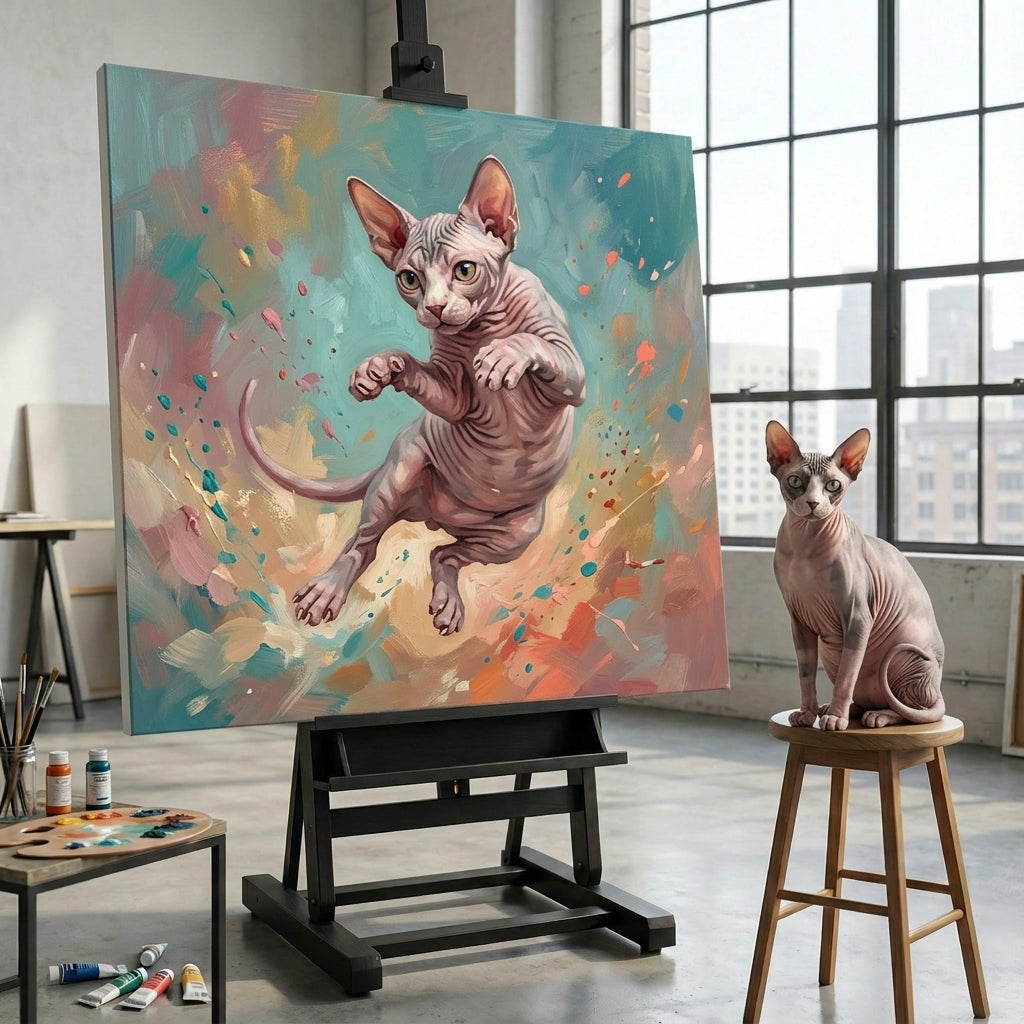 Painterly Leap Canvas room mockup; custom cat portrait canvas from photo in the Painterly Leap style; broadcast-themed; hairless cat; proof before print.