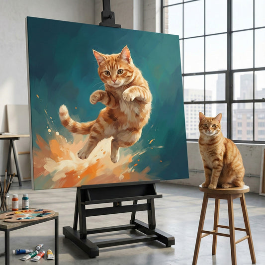 Painterly Leap Canvas room mockup; custom cat portrait canvas from photo in the Painterly Leap style; broadcast-themed; orange tabby cat; proof before print.