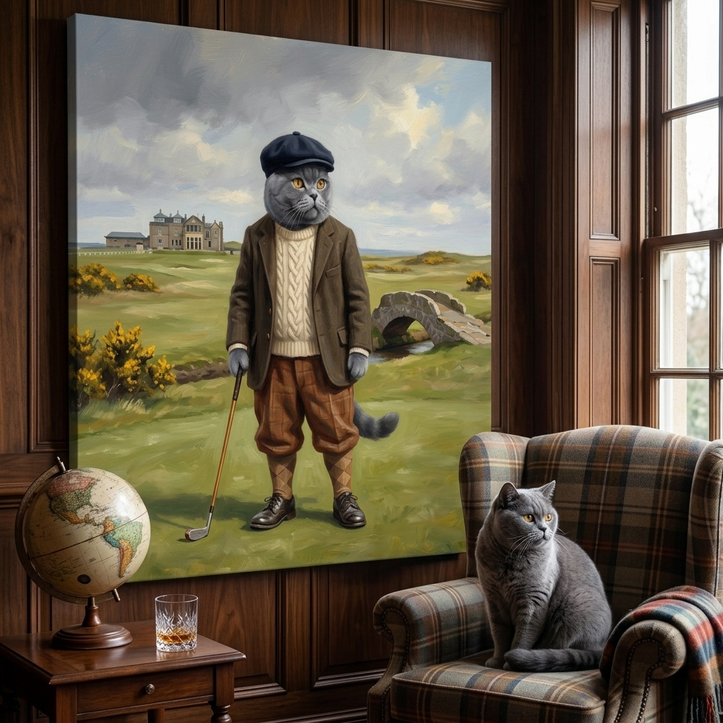 Playful Golf Swing Canvas room mockup; custom cat portrait canvas from photo in the Playful Golf Swing style; gray cat; proof before print.