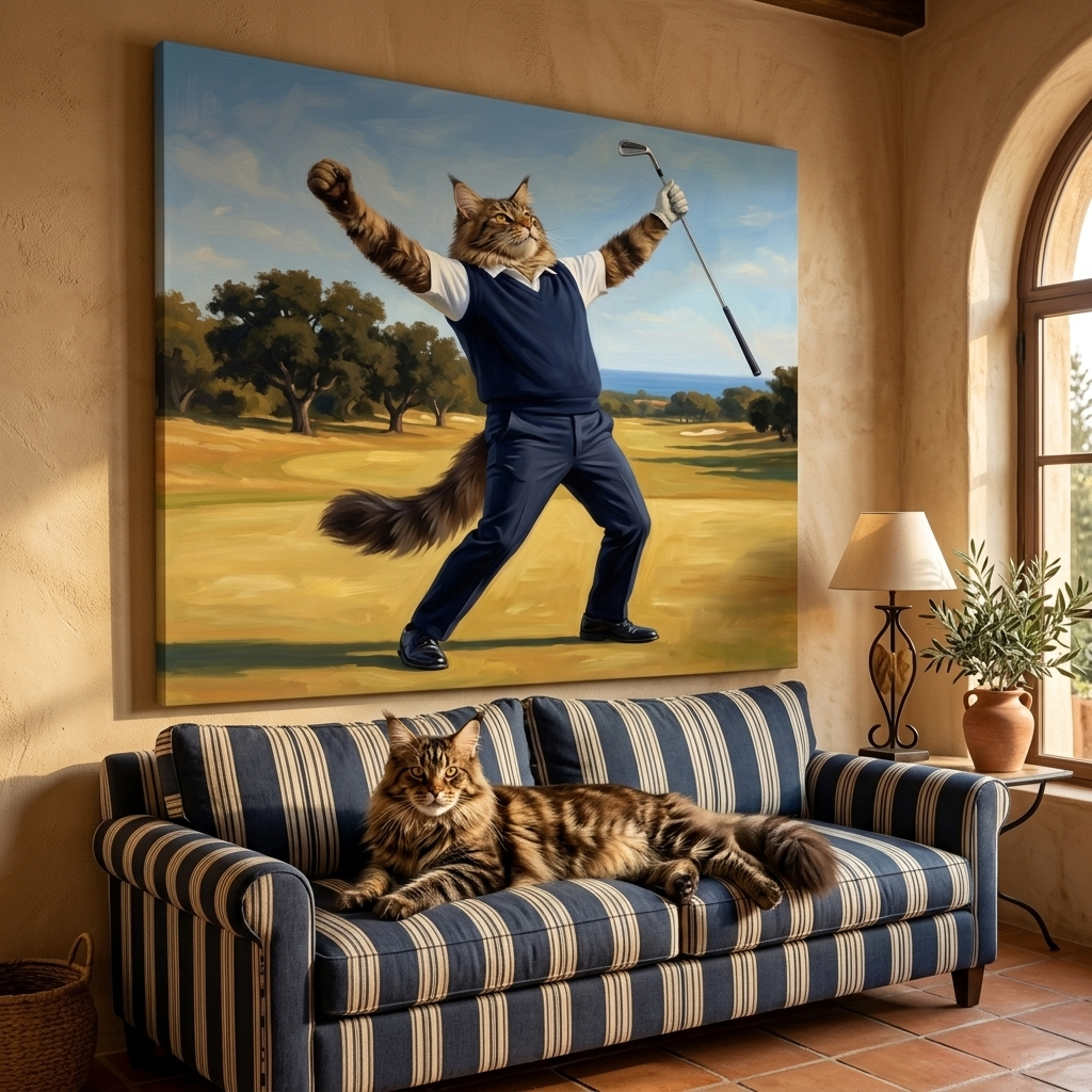 Playful Golf Swing Canvas room mockup; custom cat portrait canvas from photo in the Playful Golf Swing style; longhair cat; proof before print.