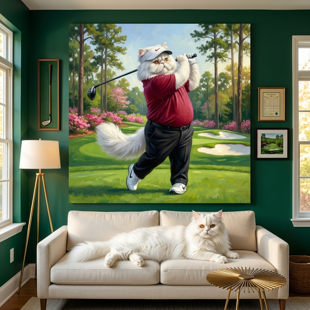 Playful Golf Swing Canvas room mockup; custom cat portrait canvas from photo in the Playful Golf Swing style; longhair cat; proof before print.