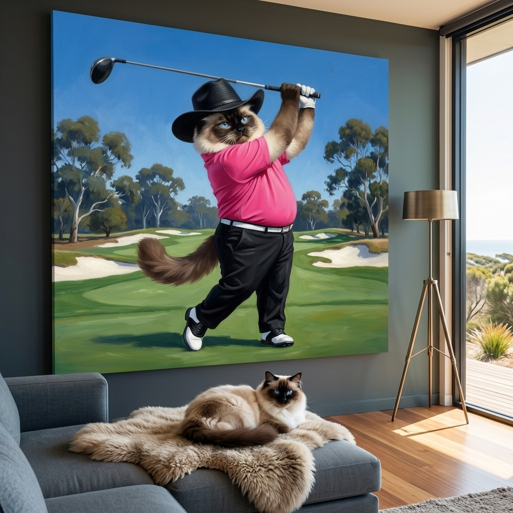 Playful Golf Swing Canvas room mockup; custom cat portrait canvas from photo in the Playful Golf Swing style; longhair cat; proof before print.