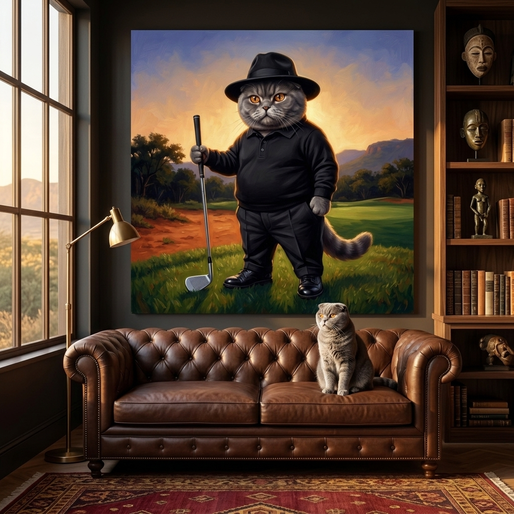 Playful Golf Swing Canvas room mockup; custom cat portrait canvas from photo in the Playful Golf Swing style; gray cat; proof before print.