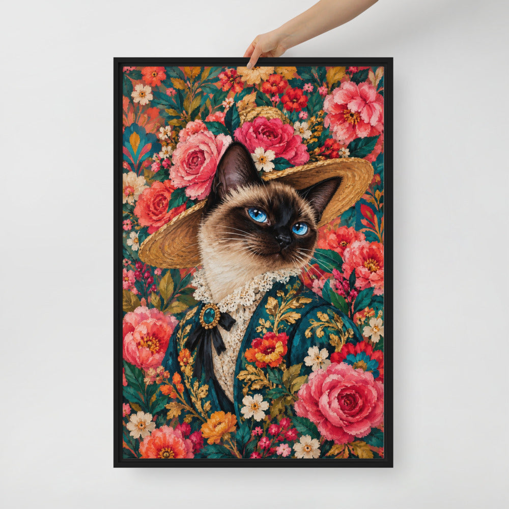 Pop Art cat portrait canvas print, 24 x 36 in, in a black floating frame
