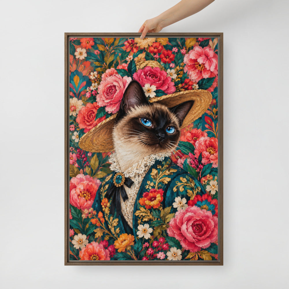 Pop Art cat portrait canvas print, 24 x 36 in, in a brown floating frame
