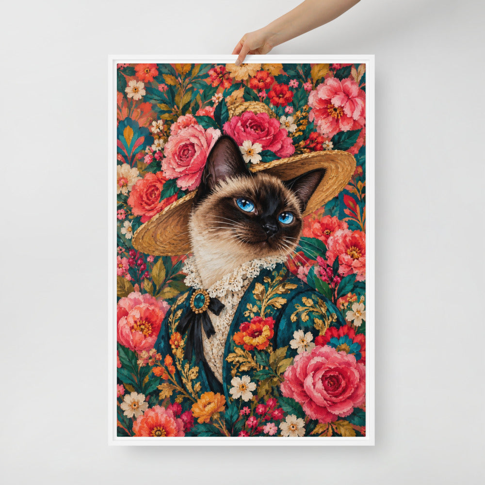 Pop Art cat portrait canvas print, 24 x 36 in, in a white floating frame
