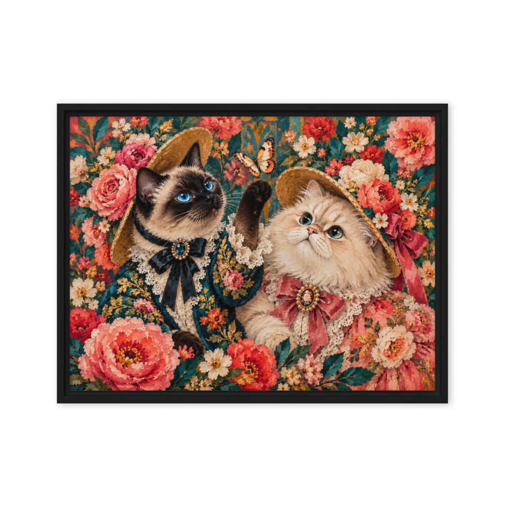 Pop Art portrait of 2 cats, canvas print in a black floating frame