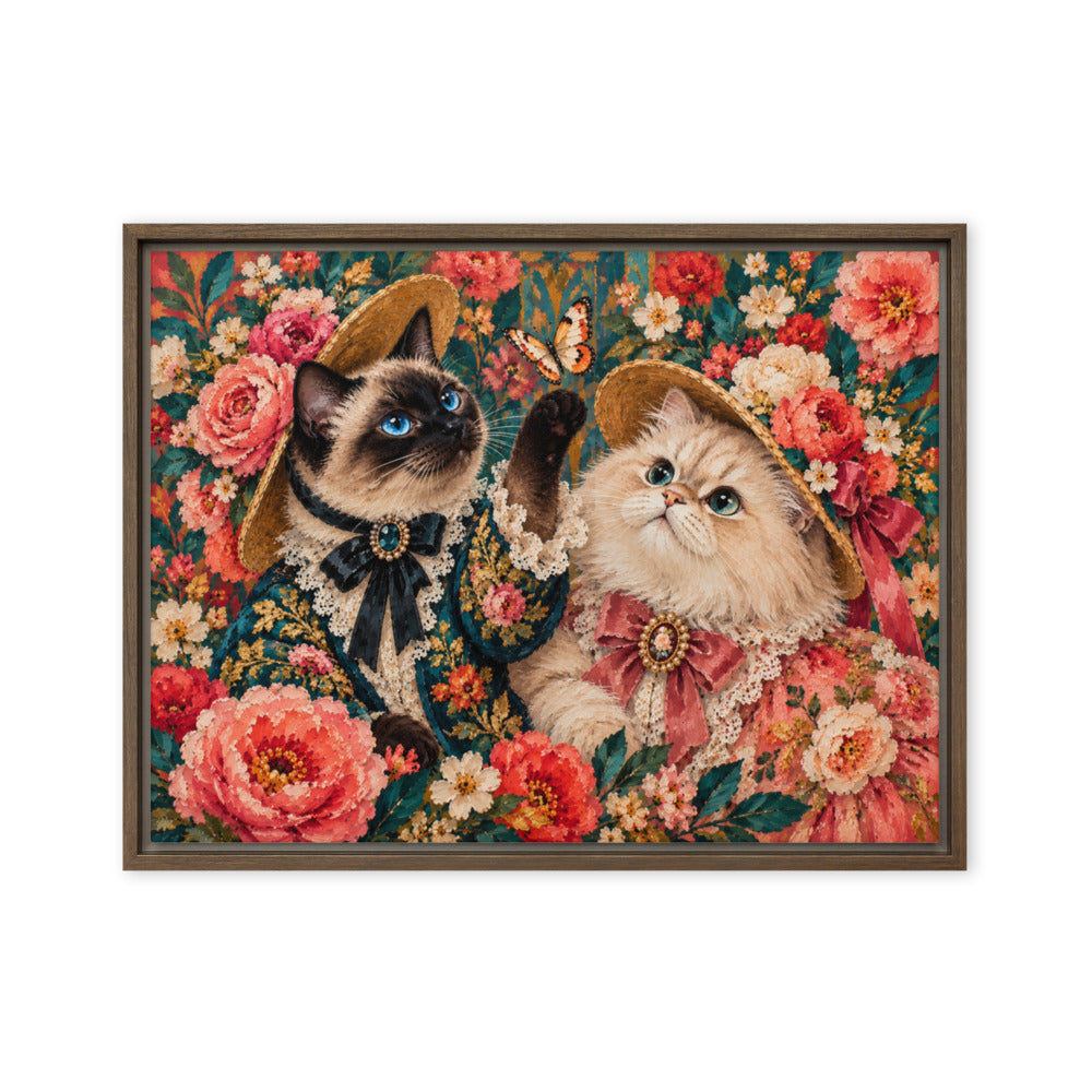 Pop Art portrait of 2 cats, canvas print in a brown floating frame