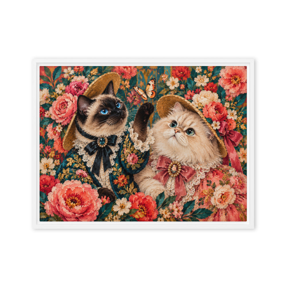 Pop Art portrait of 2 cats, canvas print in a white floating frame