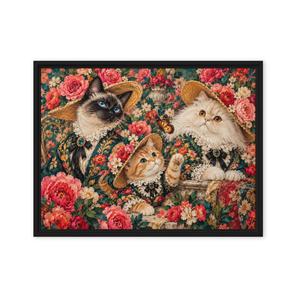 Pop Art portrait of 3 cats, canvas print in a black floating frame