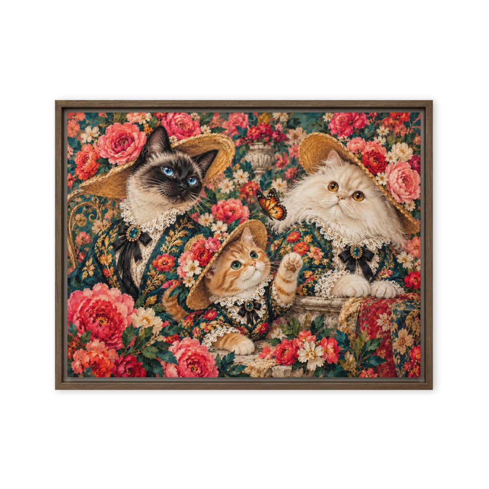 Pop Art portrait of 3 cats, canvas print in a brown floating frame
