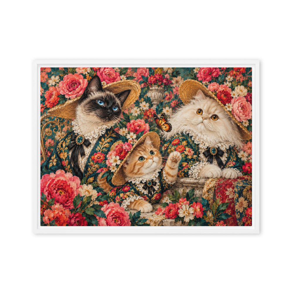 Pop Art portrait of 3 cats, canvas print in a white floating frame