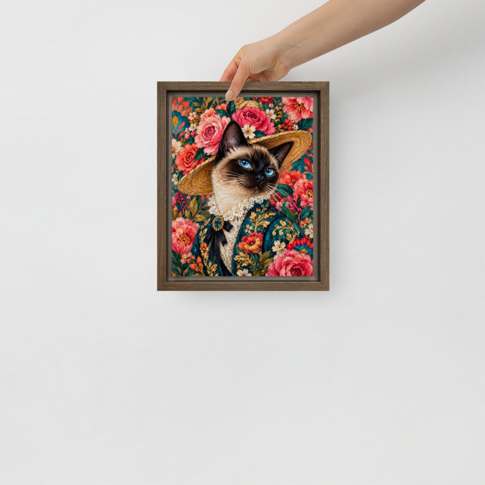 Pop Art cat portrait canvas print, 8 x 10 in, in a brown floating frame