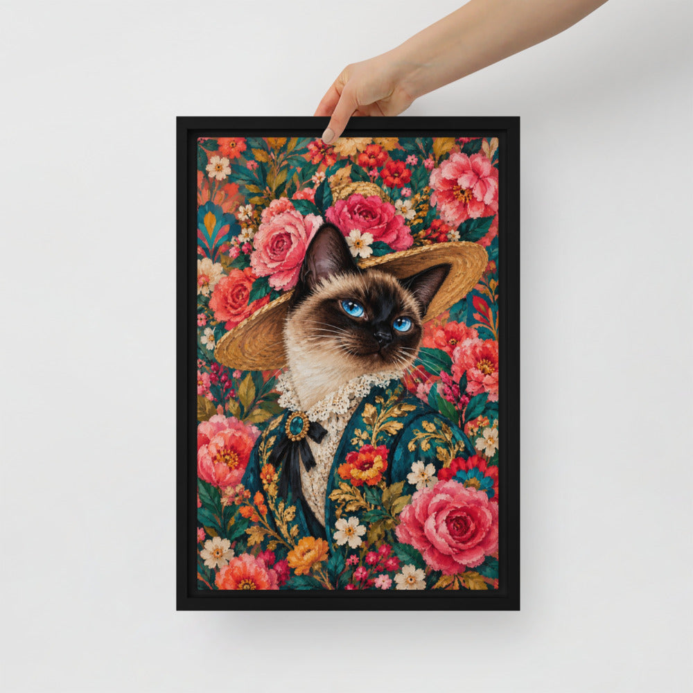 Pop Art cat portrait canvas print, 12 x 18 in, in a black floating frame