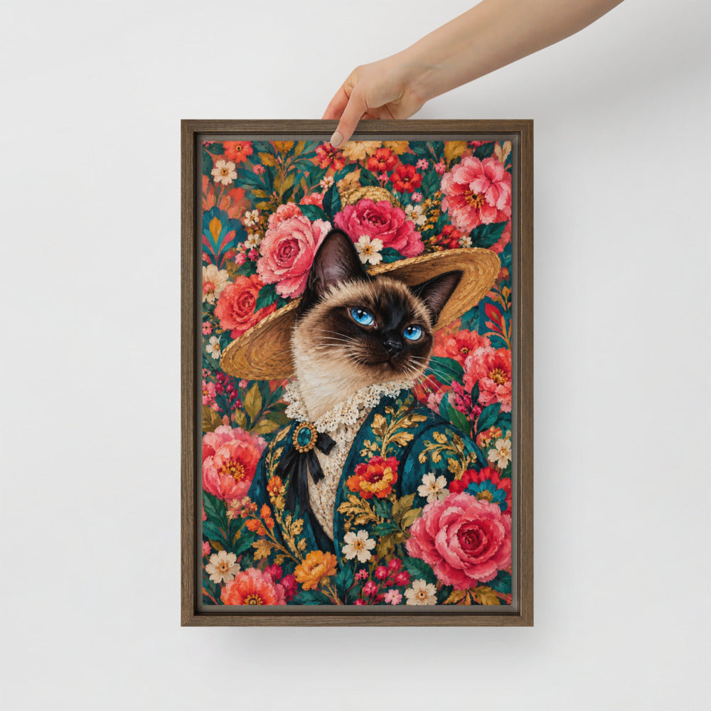 Pop Art cat portrait canvas print, 12 x 18 in, in a brown floating frame