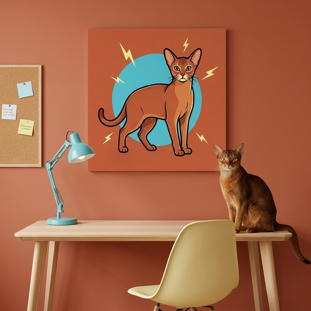 POP Shock Canvas room mockup; custom cat portrait canvas from photo in the POP Shock style; warm-toned cat; proof before print.