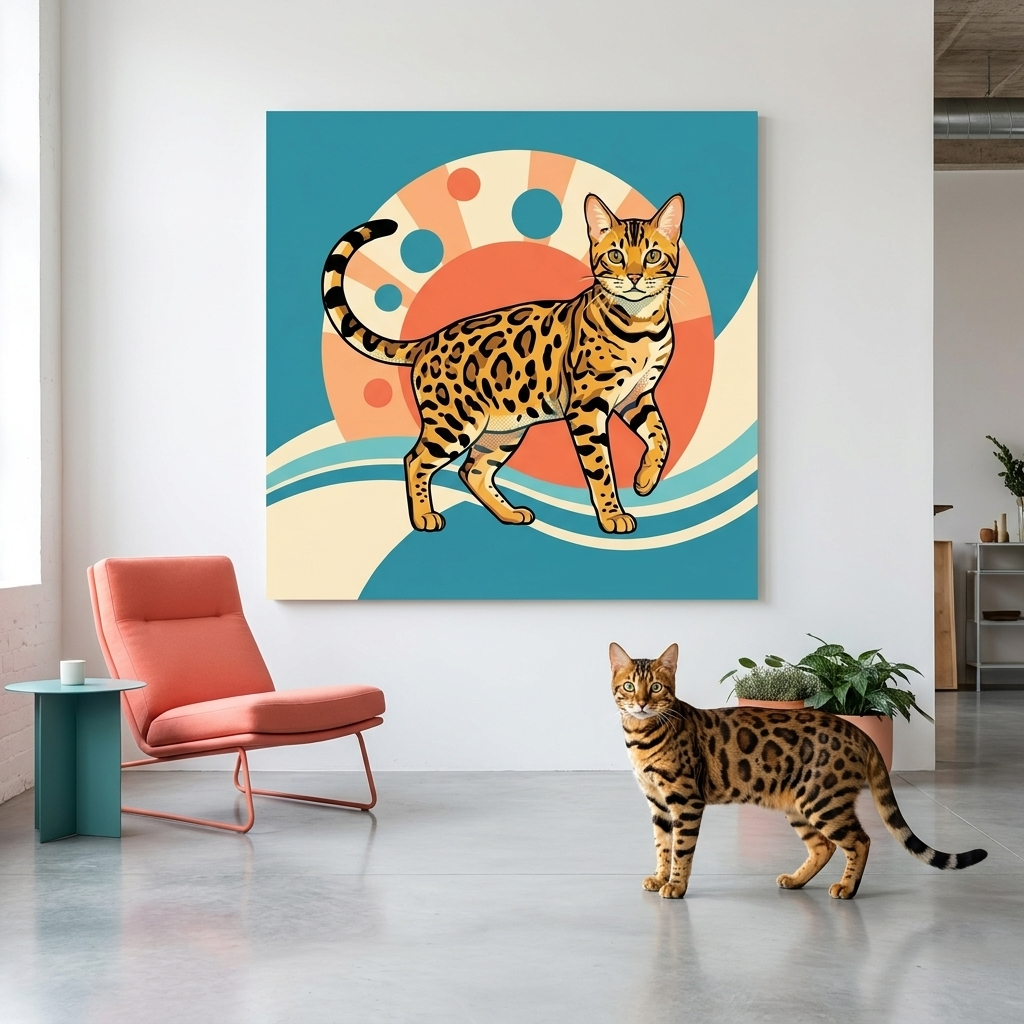 POP Shock Canvas room mockup; custom cat portrait canvas from photo in the POP Shock style; spotted tabby-like cat; proof before print.
