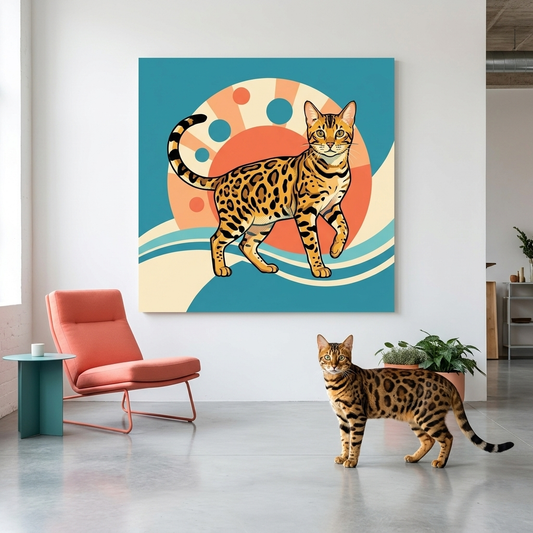 POP Shock Canvas room mockup; custom cat portrait canvas from photo in the POP Shock style; spotted tabby-like cat; proof before print.