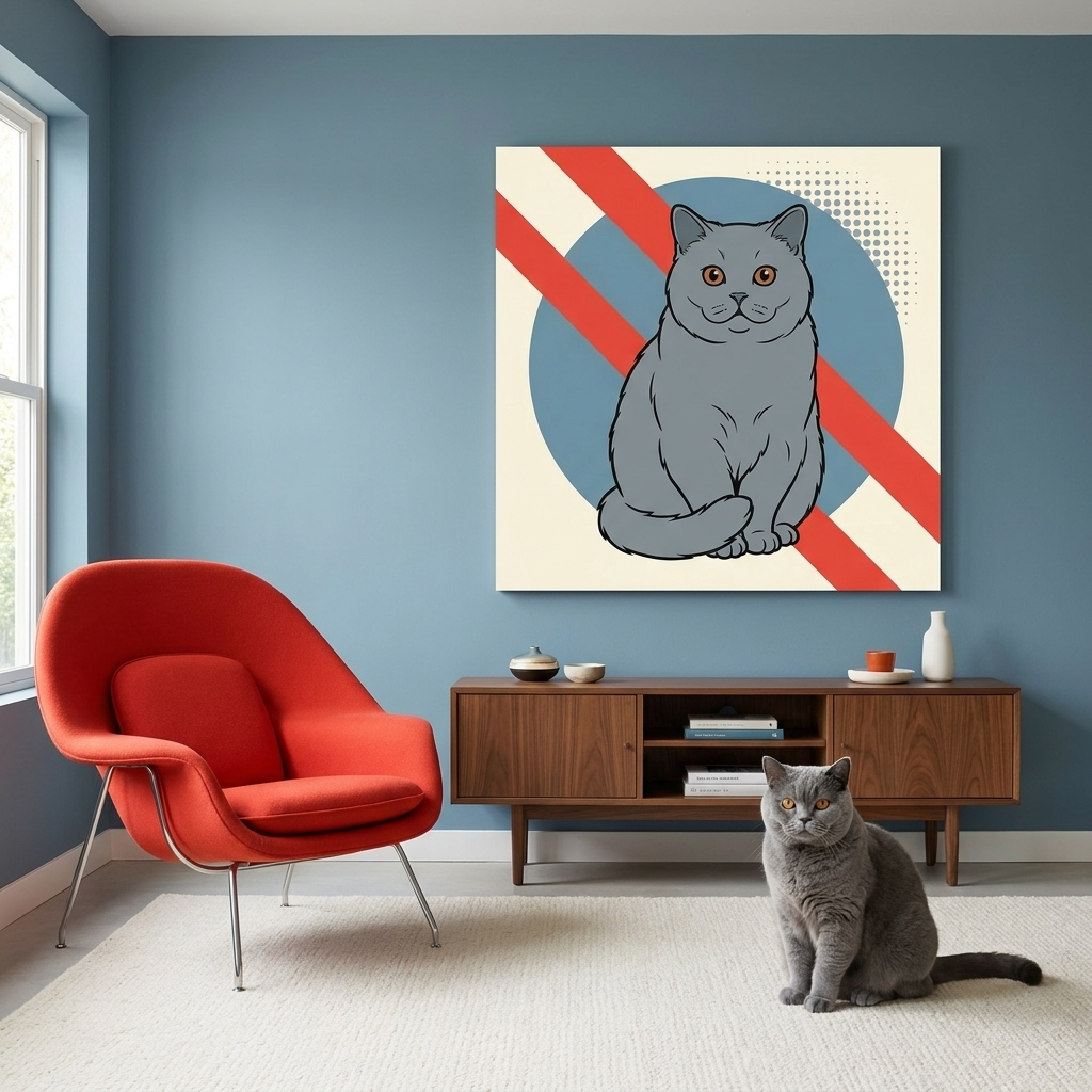 POP Shock Canvas room mockup; custom cat portrait canvas from photo in the POP Shock style; gray cat; proof before print.