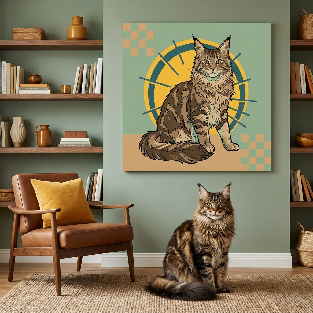 POP Shock Canvas room mockup; custom cat portrait canvas from photo in the POP Shock style; longhair cat; proof before print.