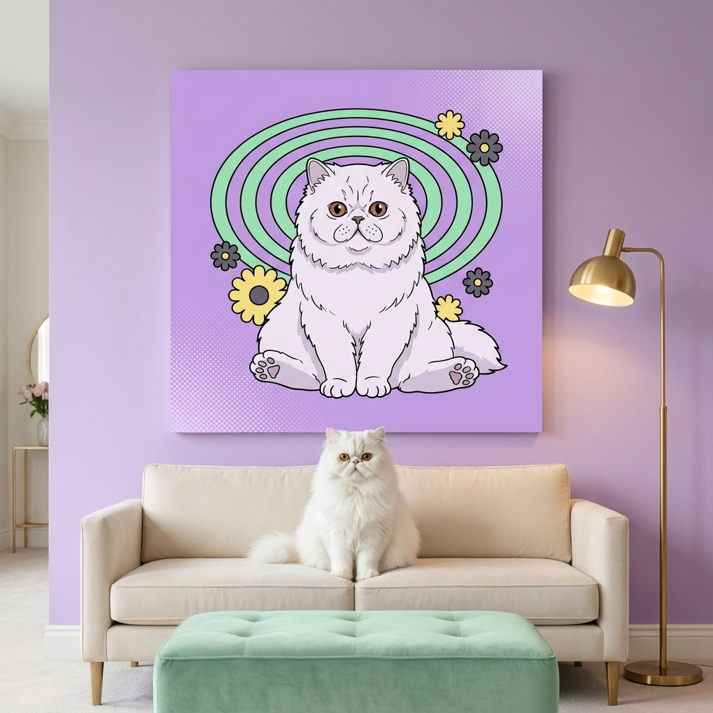 POP Shock Canvas room mockup; custom cat portrait canvas from photo in the POP Shock style; longhair cat; proof before print.